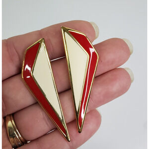 Vintage Monet Signed Long Cream/Red Enamel Gold Trim Triangle Earrings Post